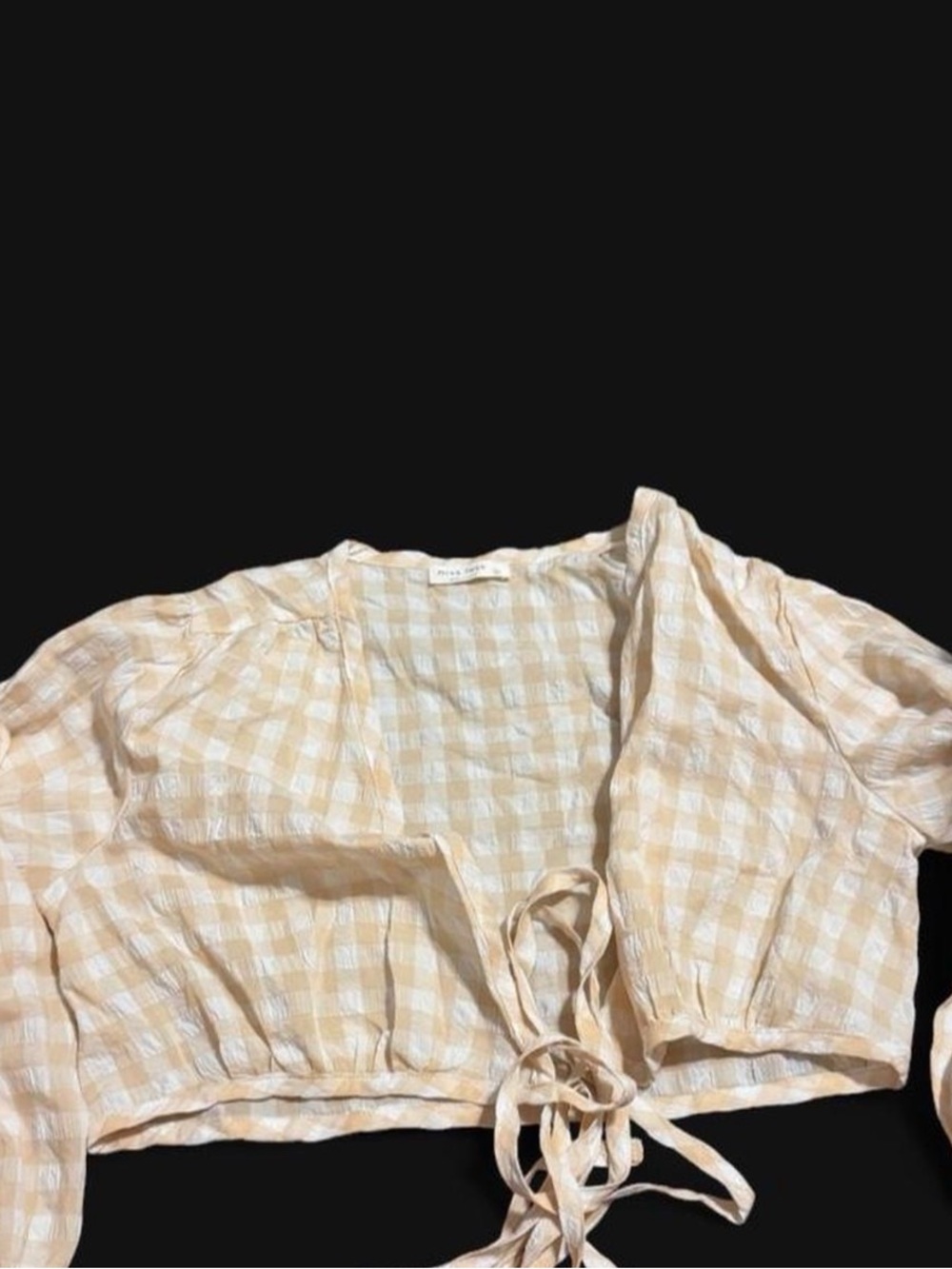 Beige Gingham Tie-Front Crop Top